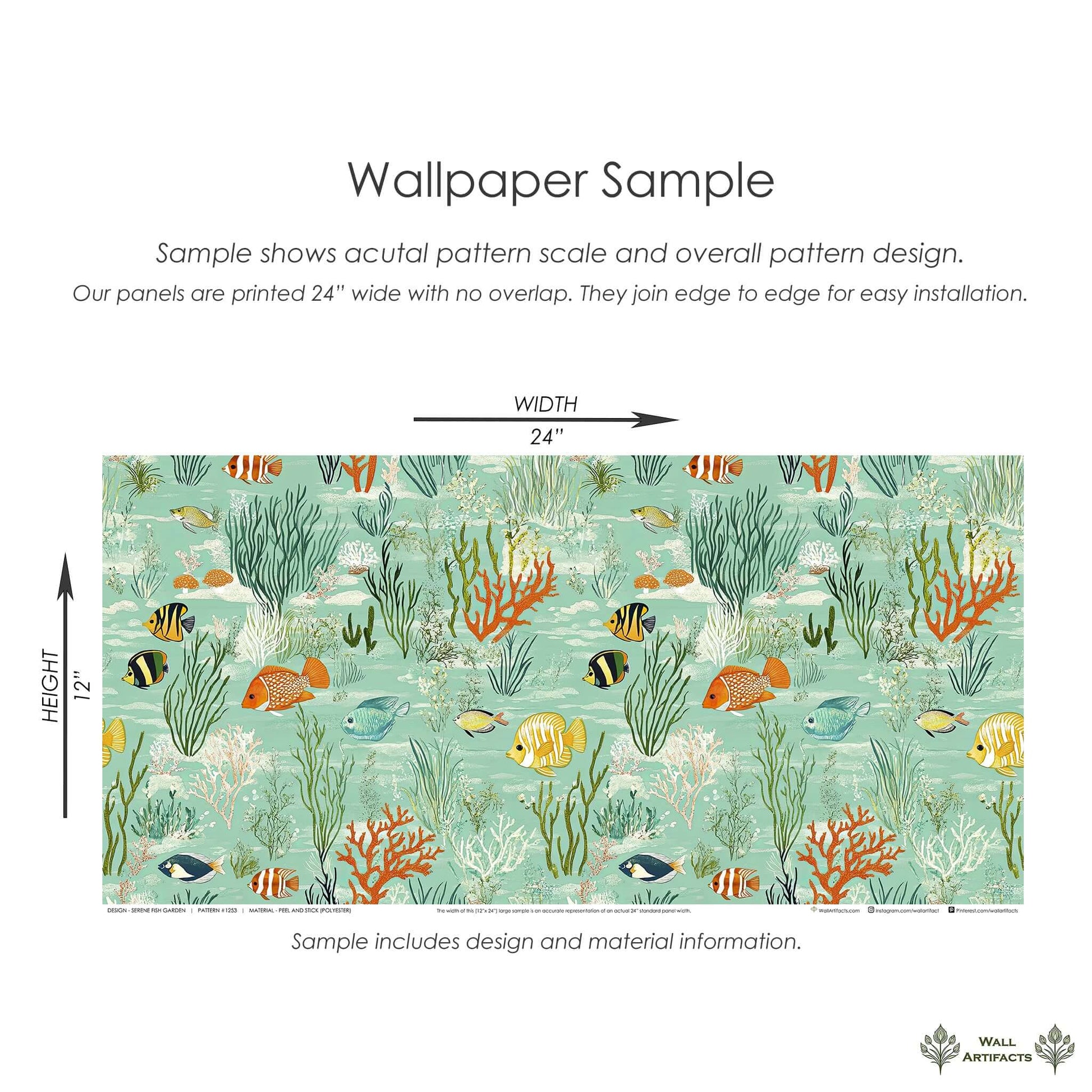 Serene Fish Garden wallpaper sample with tropical fish, coral, and seaweed in vibrant ocean hues, ideal for coastal decor.
