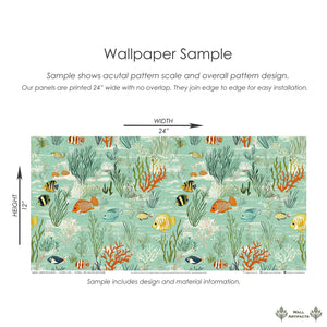 Serene Fish Garden wallpaper sample with tropical fish, coral, and seaweed in vibrant ocean hues, ideal for coastal decor.
