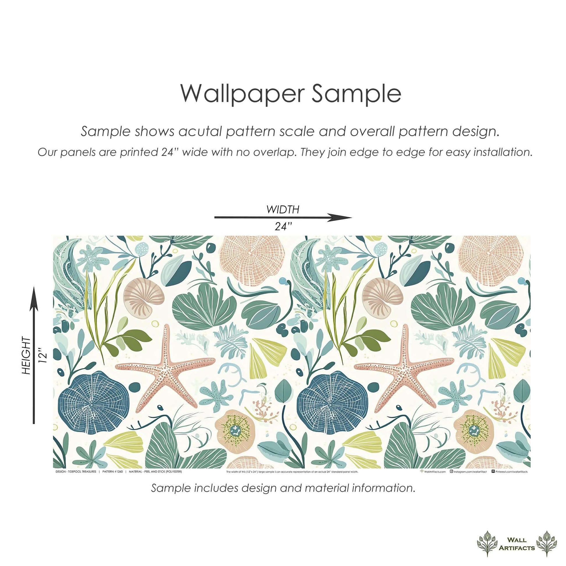 Tidepool Treasures Wallpaper sample with starfish, seashells, seaweed in soothing coastal colors, perfect for ocean-inspired decor.