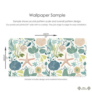 Tidepool Treasures Wallpaper sample with starfish, seashells, seaweed in soothing coastal colors, perfect for ocean-inspired decor.
