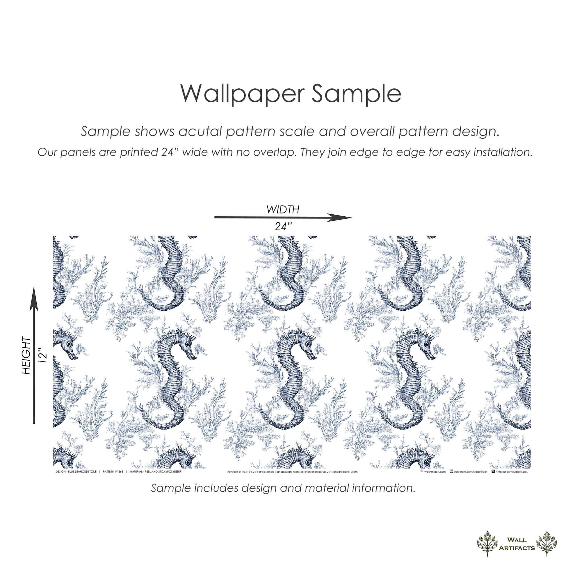 Wallpaper sample featuring blue seahorses and ocean plants, perfect for coastal decor with French toile elegance from Wall Artifacts.