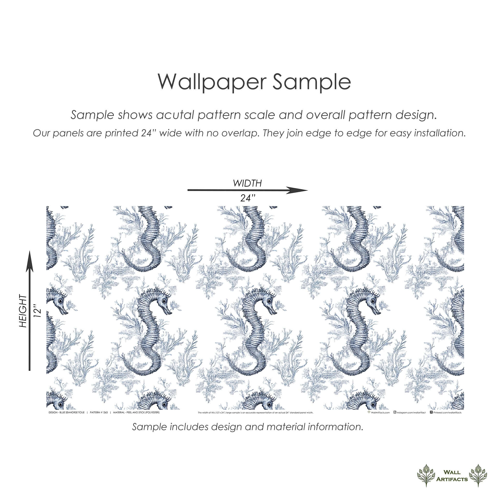 Wallpaper sample featuring blue seahorses and ocean plants, perfect for coastal decor with French toile elegance from Wall Artifacts.