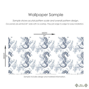 Wallpaper sample featuring blue seahorses and ocean plants, perfect for coastal decor with French toile elegance from Wall Artifacts.