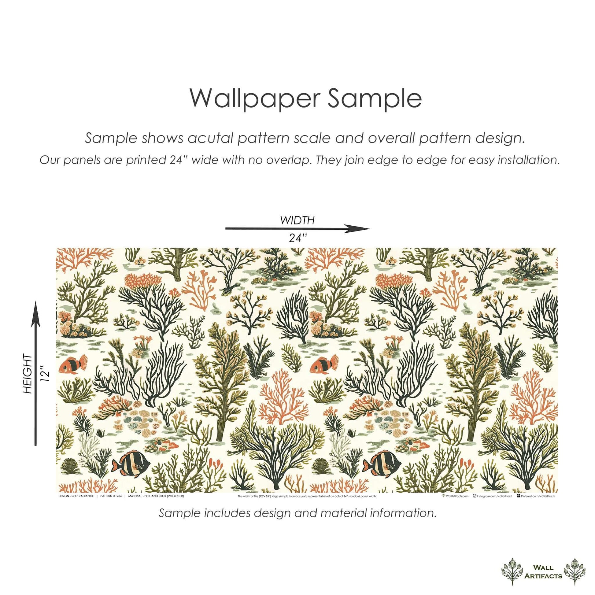 Reef Radiance coastal wallpaper sample with hand-drawn coral, seaweed, and fish in earthy green, coral, and cream tones.