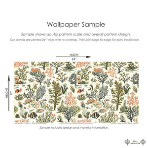 Reef Radiance coastal wallpaper sample with hand-drawn coral, seaweed, and fish in earthy green, coral, and cream tones.