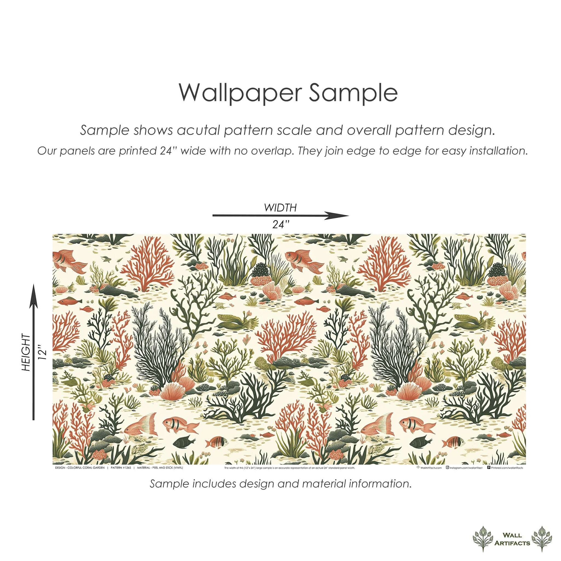 Wall Artifacts Colorful Coral Garden wallpaper sample featuring coral, fish, and seaweed in earthy tones for a modern coastal design.
