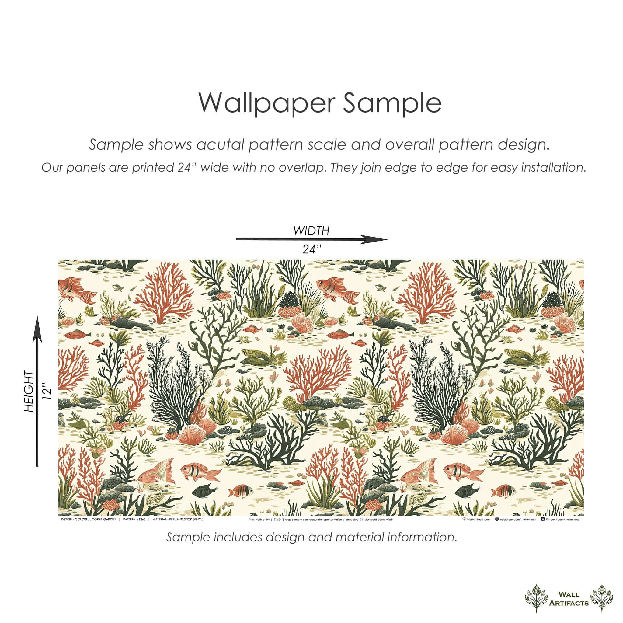 Wall Artifacts Colorful Coral Garden wallpaper sample featuring coral, fish, and seaweed in earthy tones for a modern coastal design.
