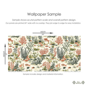 Wall Artifacts Colorful Coral Garden wallpaper sample featuring coral, fish, and seaweed in earthy tones for a modern coastal design.