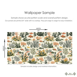 Tropical Tide wallpaper sample featuring coral reefs, seaweed, and fish in a coastal design by Wall Artifacts.