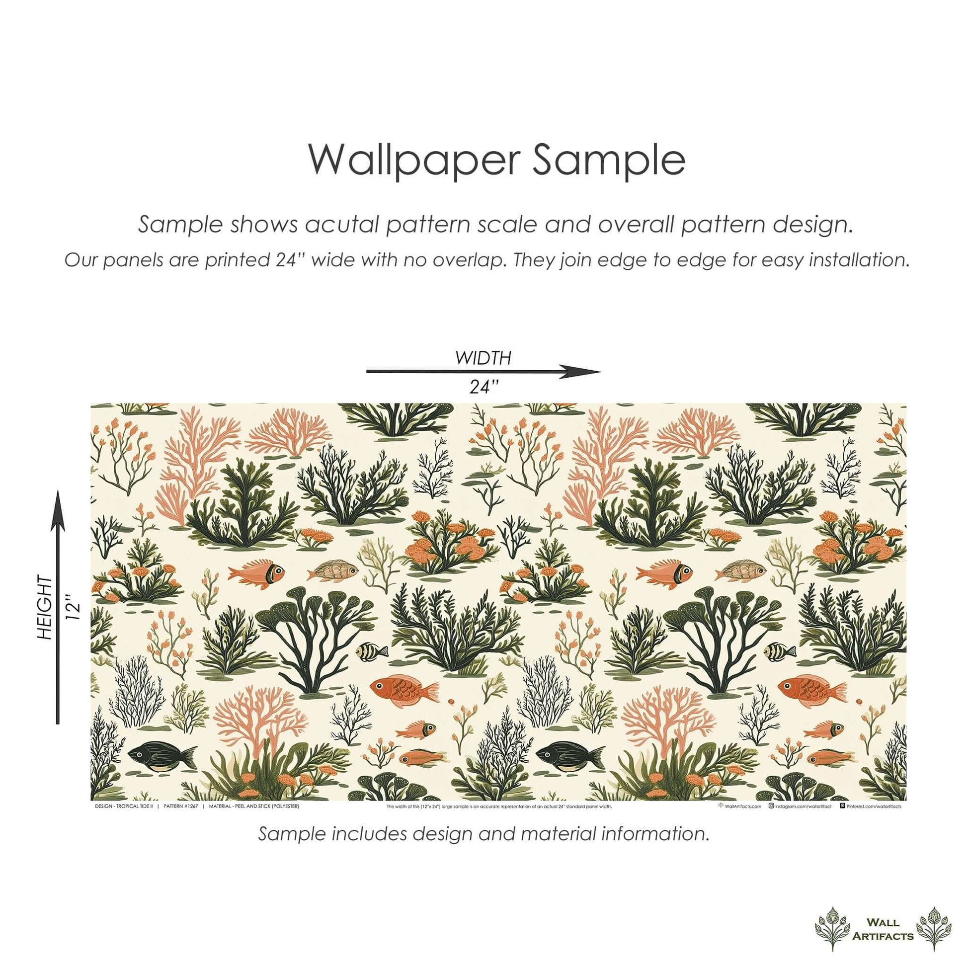 Tropical Tide II coastal wallpaper sample featuring coral, seaweed, and fish on a cream backdrop; perfect for a modern coastal design.