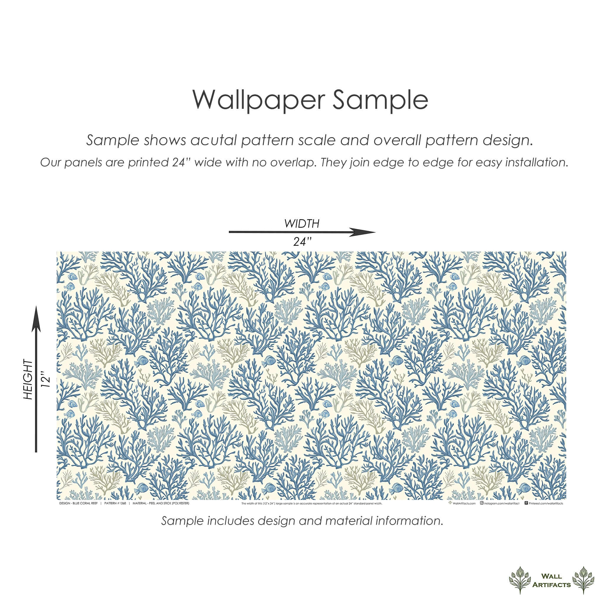 Blue Coral Reef coastal wallpaper sample with elegant hand-drawn coral branches in ocean blue and taupe displaying pattern scale.