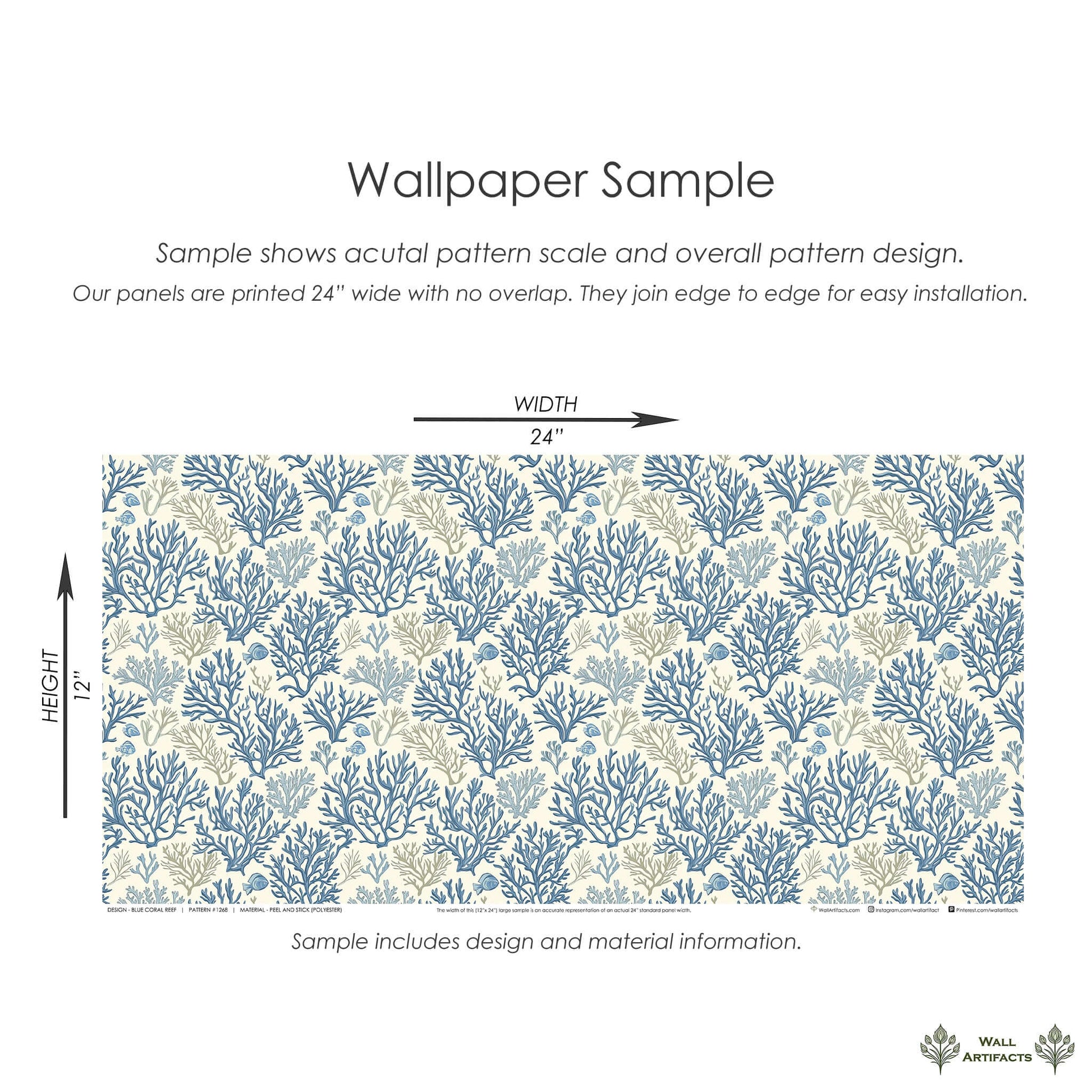 Blue Coral Reef coastal wallpaper sample with elegant hand-drawn coral branches in ocean blue and taupe displaying pattern scale.