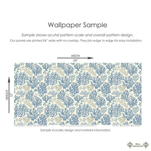 Blue Coral Reef coastal wallpaper sample with elegant hand-drawn coral branches in ocean blue and taupe displaying pattern scale.