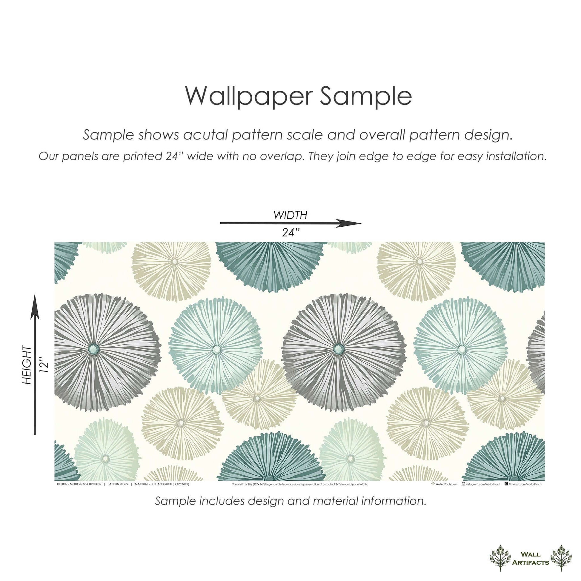 Modern Sea Urchins wallpaper sample in teal, sage, and gray showcasing coastal design with overlapping sea urchins for a beachy ambiance.