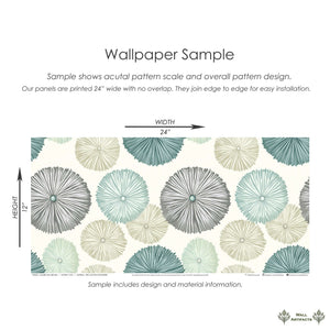 Modern Sea Urchins wallpaper sample in teal, sage, and gray showcasing coastal design with overlapping sea urchins for a beachy ambiance.