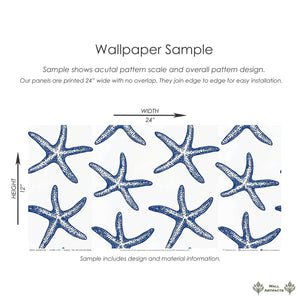 "Seaside Stars wallpaper sample featuring large blue starfish on white, perfect for a coastal beach-themed modern room design."