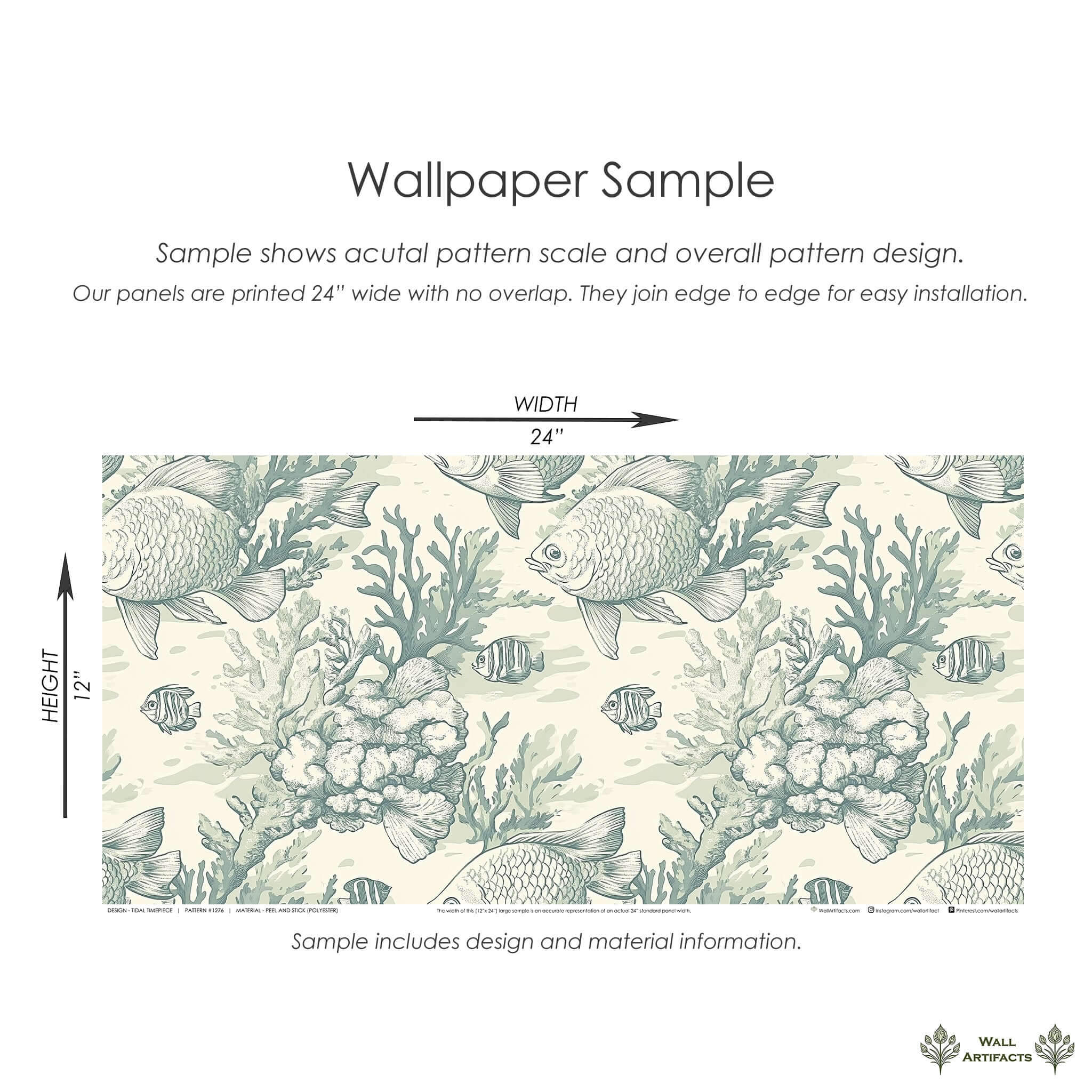 Vintage coastal wallpaper sample with fish and coral, featuring muted seafoam colors; ideal for ocean-themed interiors.