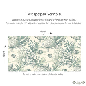 Vintage coastal wallpaper sample with fish and coral, featuring muted seafoam colors; ideal for ocean-themed interiors.