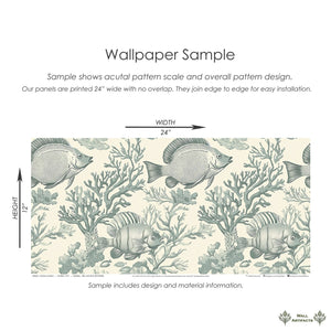 Ocean Classics wallpaper sample featuring vintage design with tropical fish and coral patterns, ideal for coastal-themed decor.