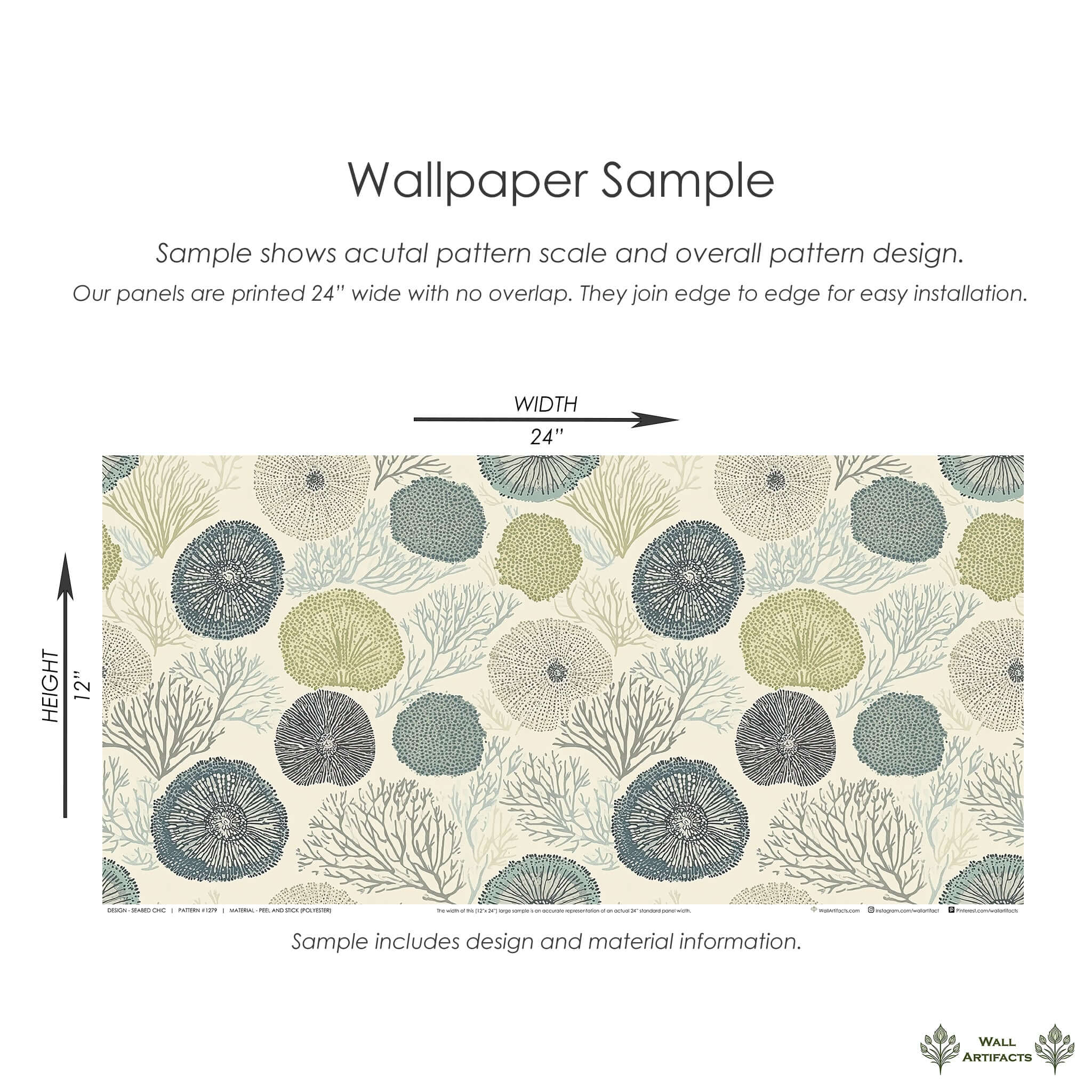 Seabed Chic wallpaper sample featuring abstract coral and sea urchin design in blue and taupe, perfect for modern coastal interiors.