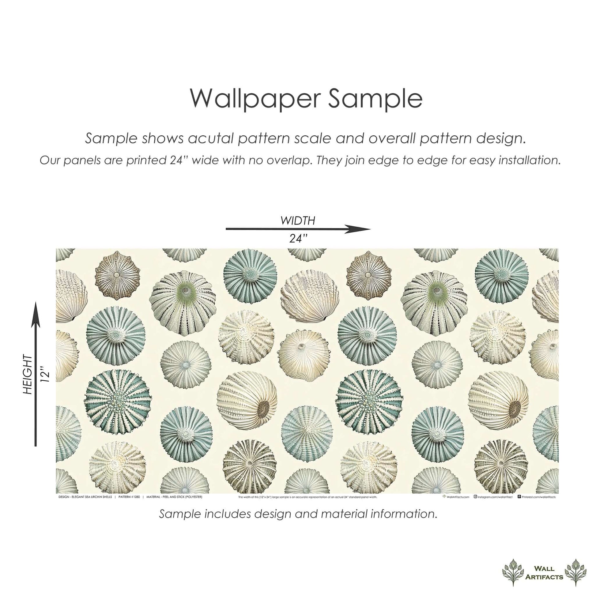 Coastal wallpaper sample with elegant sea urchin shells in ivory, sage, and aqua hues, perfect for beach-themed modern design interiors.