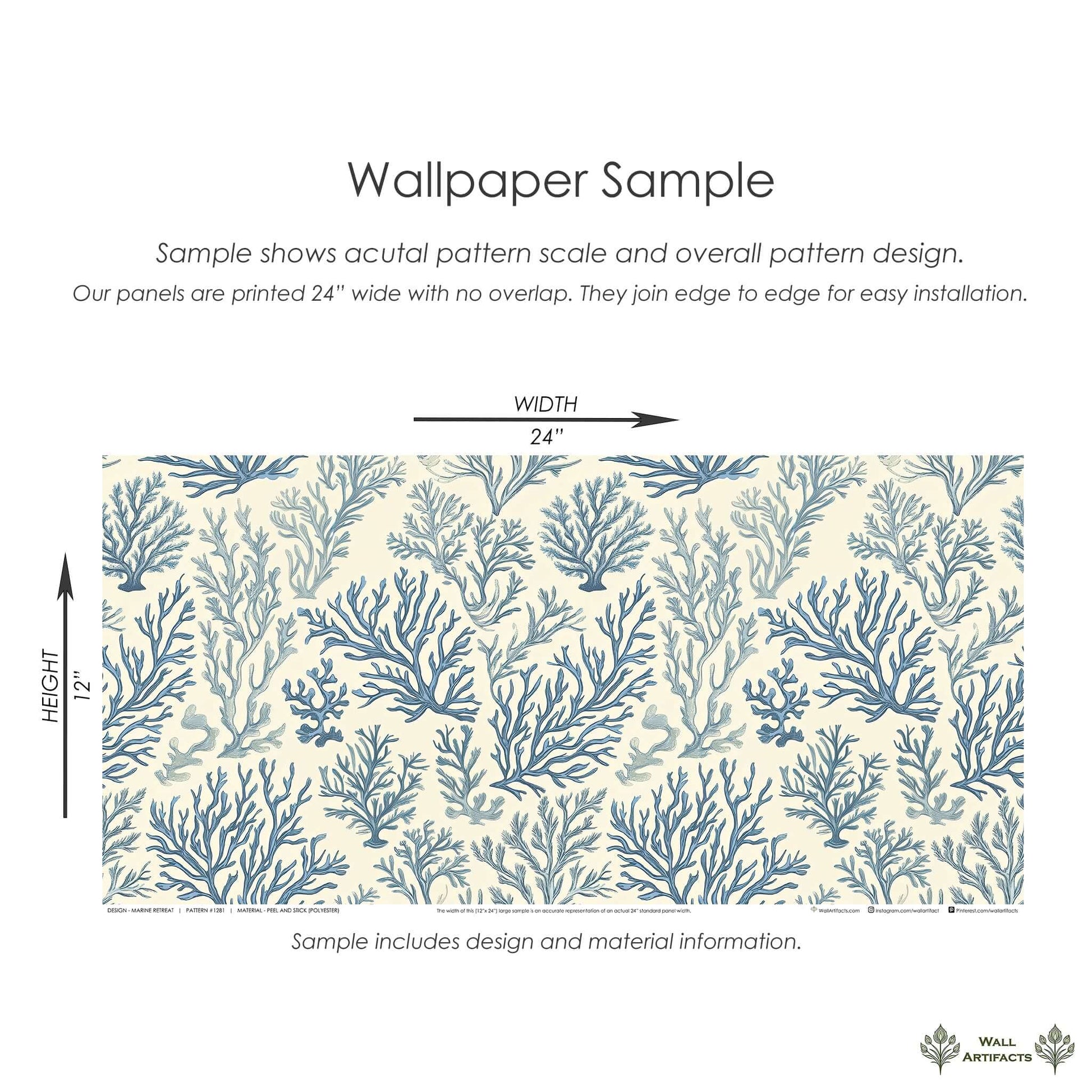 Marine Retreat wallpaper sample showing ocean-themed coral design in blue on ivory background, perfect for modern coastal decor.