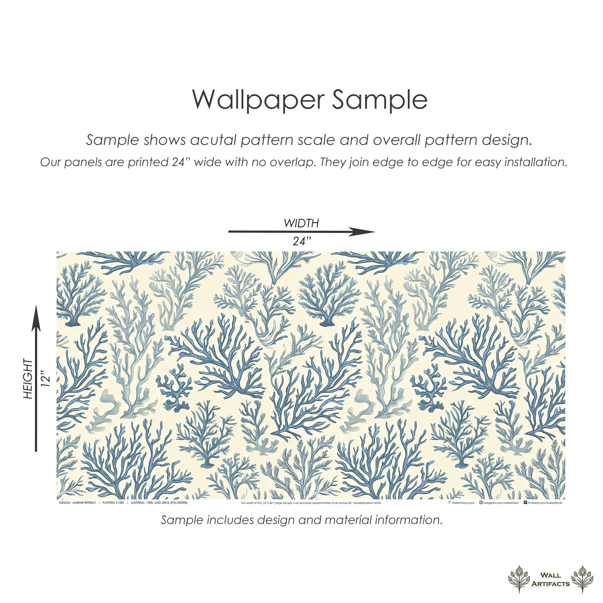 Marine Retreat wallpaper sample showing ocean-themed coral design in blue on ivory background, perfect for modern coastal decor.