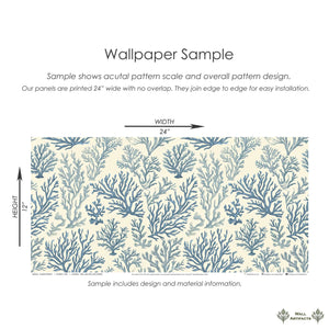 Marine Retreat wallpaper sample showing ocean-themed coral design in blue on ivory background, perfect for modern coastal decor.