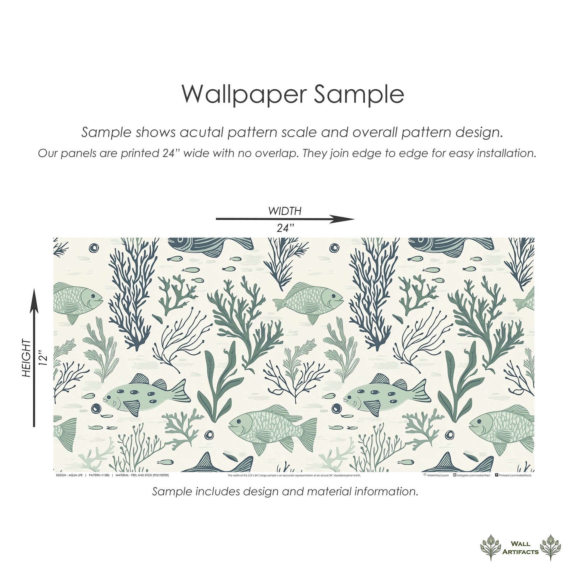 Aqua Life Wallpaper sample featuring fish and seaweed on a blue-green background, ideal for coastal-themed mid-century modern decor.
