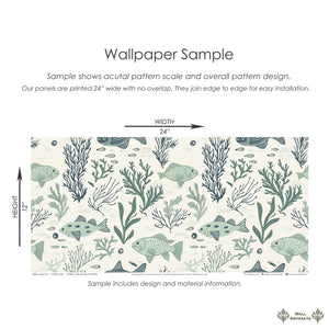 Aqua Life Wallpaper sample featuring fish and seaweed on a blue-green background, ideal for coastal-themed mid-century modern decor.