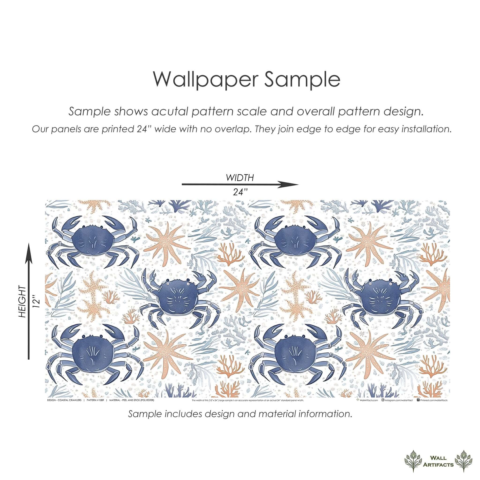 Coastal Crawlers wallpaper sample showcasing blue crabs and starfish on an ocean-inspired design for modern coastal spaces.