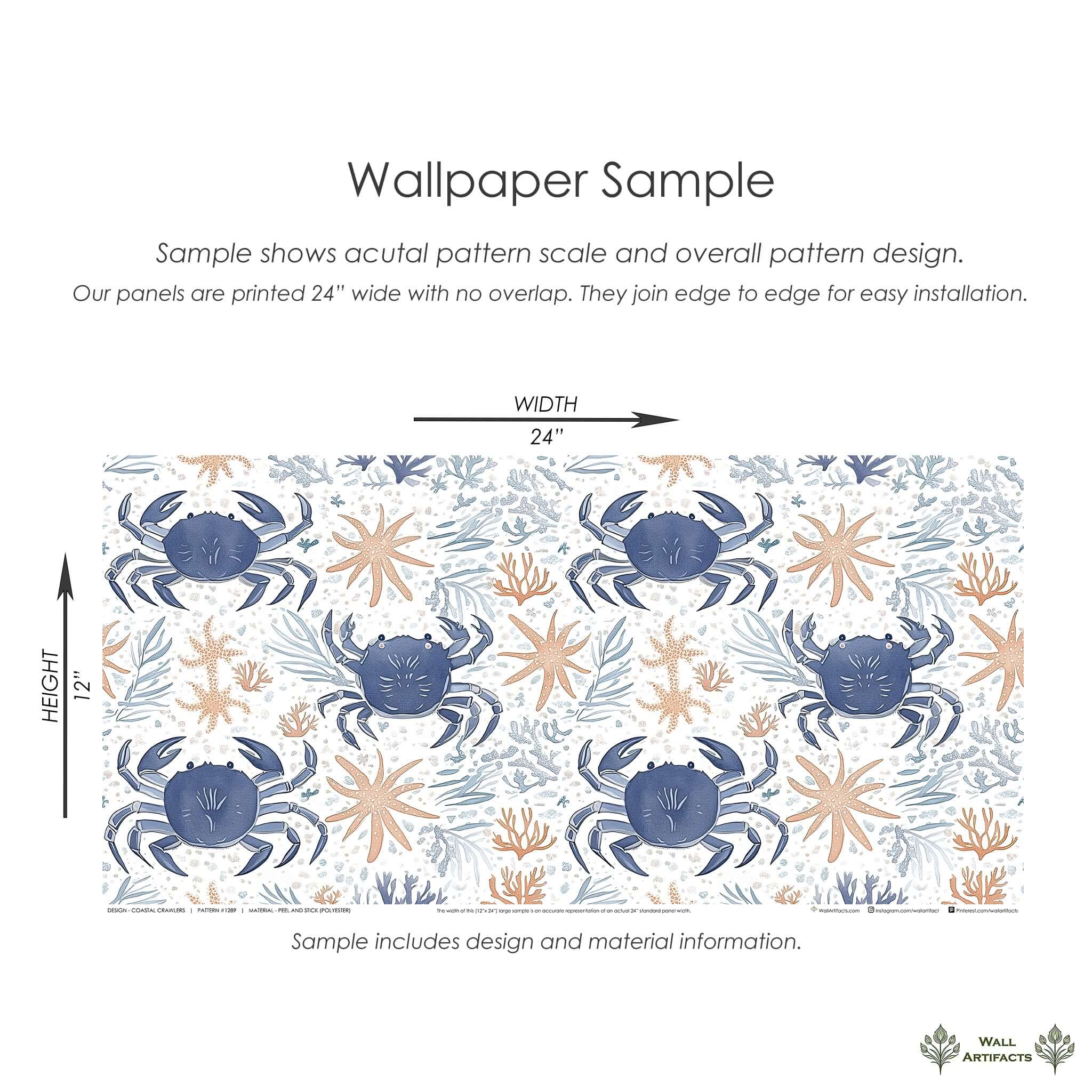 Coastal Crawlers wallpaper sample showcasing blue crabs and starfish on an ocean-inspired design for modern coastal spaces.