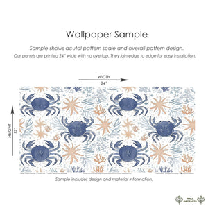 Coastal Crawlers wallpaper sample showcasing blue crabs and starfish on an ocean-inspired design for modern coastal spaces.