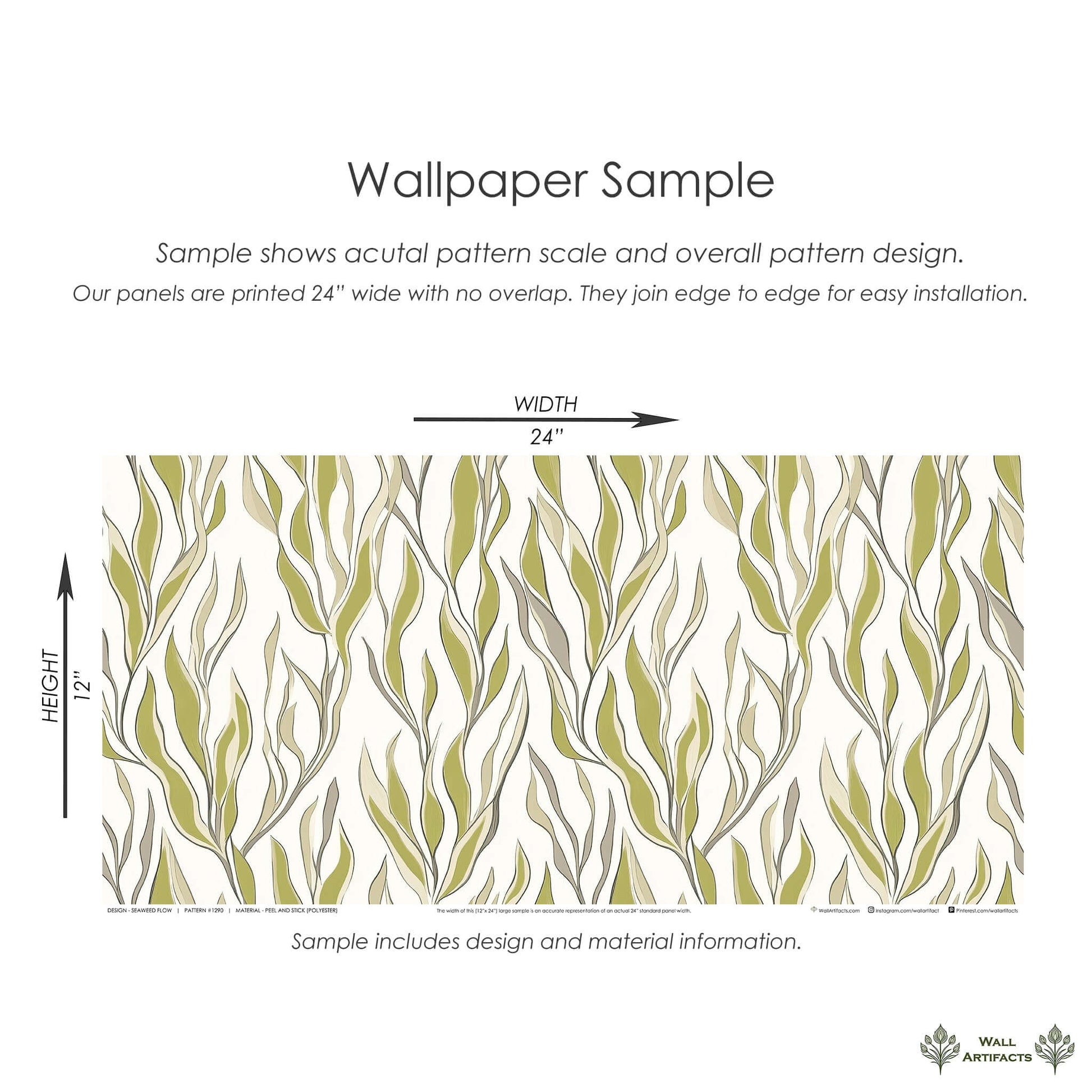Seaweed Flow Wallpaper sample showing ocean-inspired modern design in muted green and taupe, ideal for coastal interiors.