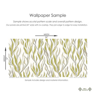 Seaweed Flow Wallpaper sample showing ocean-inspired modern design in muted green and taupe, ideal for coastal interiors.