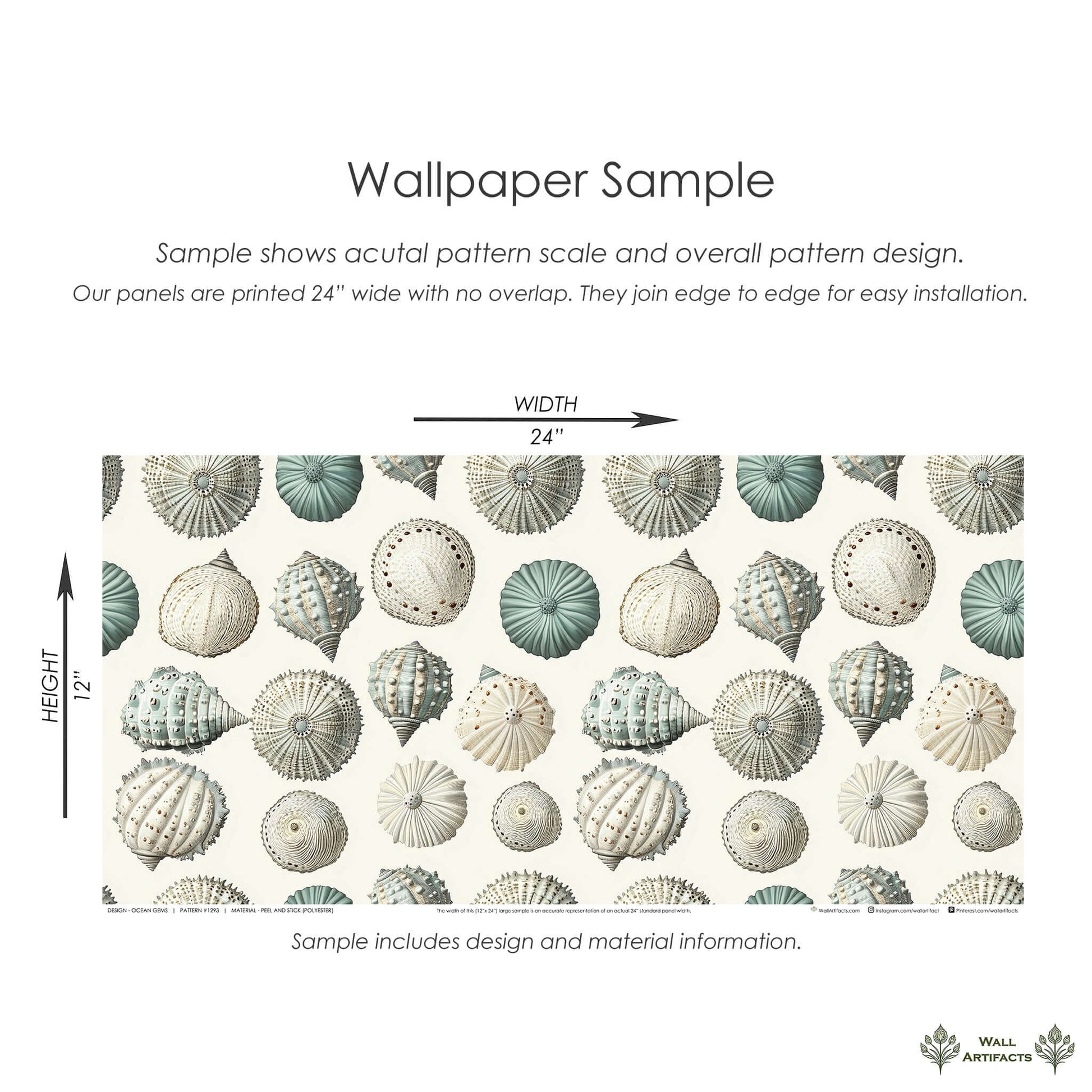 Ocean Gems coastal wallpaper with seashells, perfect for modern beach-inspired interiors. Sample shows pattern scale and design.