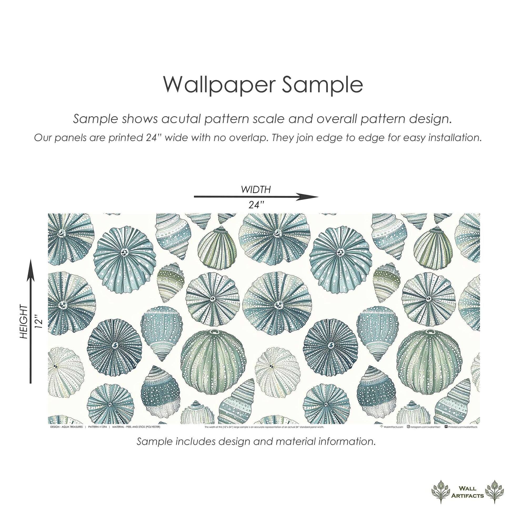Aqua Treasures modern coastal wallpaper with sea urchins and seashells in soothing aqua and jade, perfect for beach-themed decor.