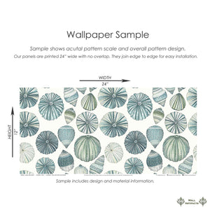 Aqua Treasures modern coastal wallpaper with sea urchins and seashells in soothing aqua and jade, perfect for beach-themed decor.