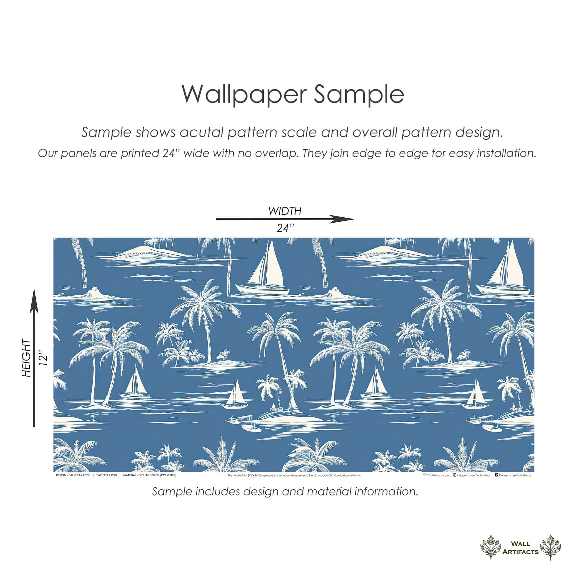 Palm Paradise wallpaper sample featuring toile design with palm trees, sailboats, and tranquil blue sea; ideal coastal decor.