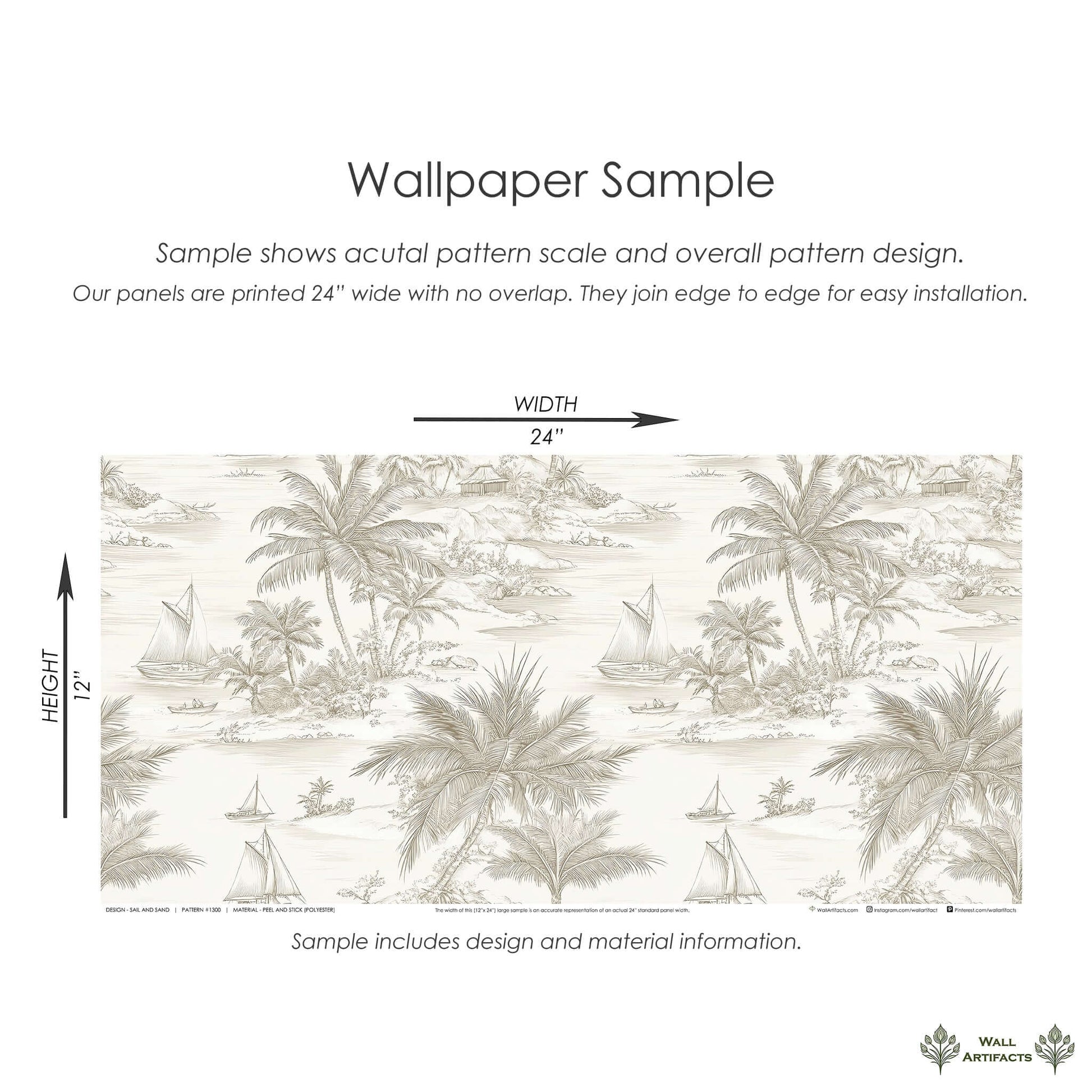 Sail and Sand Wallpaper sample featuring palm trees, sailboats, and beach huts in neutral tones, 24x12 inches, available at Wall Artifacts.