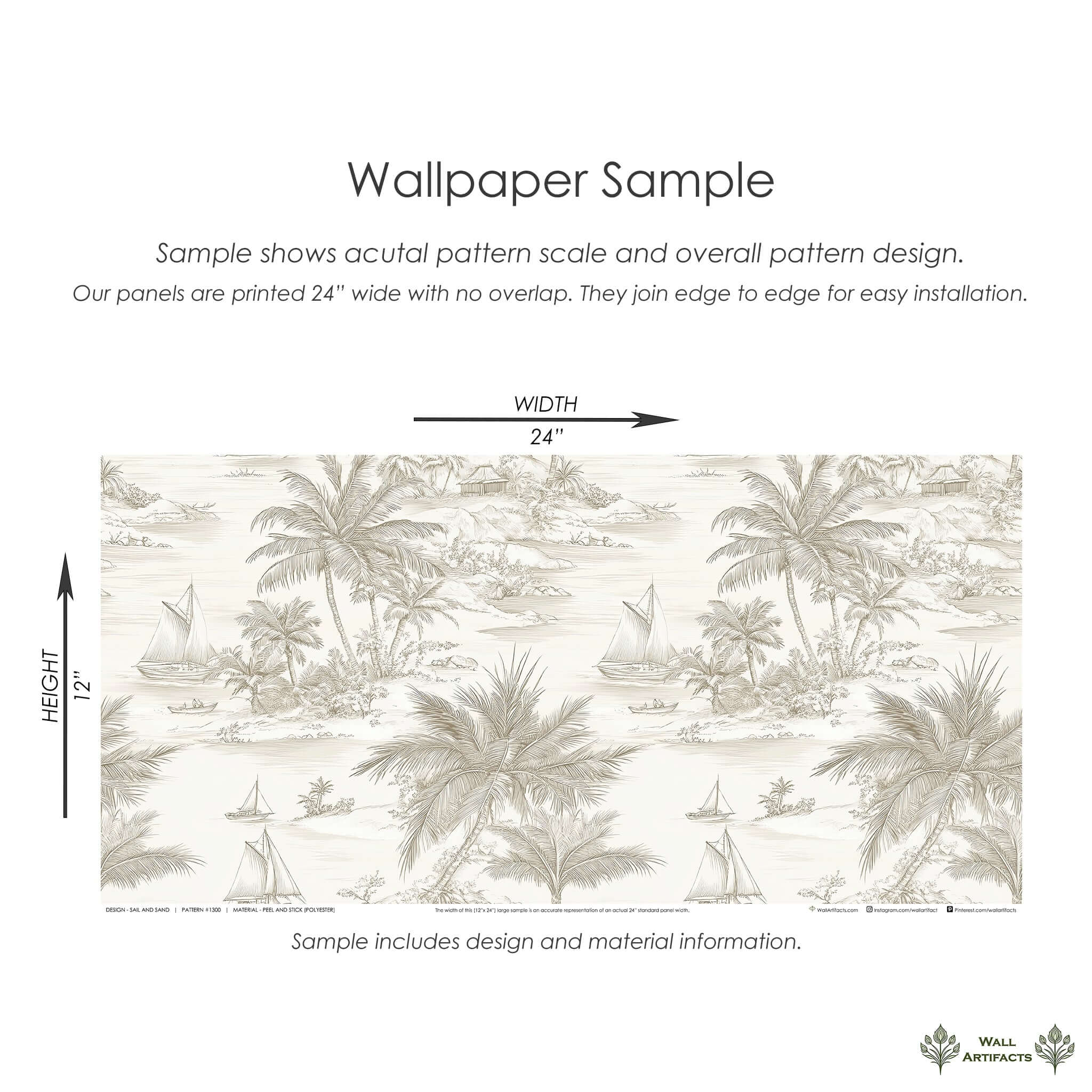 Sail and Sand Wallpaper sample featuring palm trees, sailboats, and beach huts in neutral tones, 24x12 inches, available at Wall Artifacts.