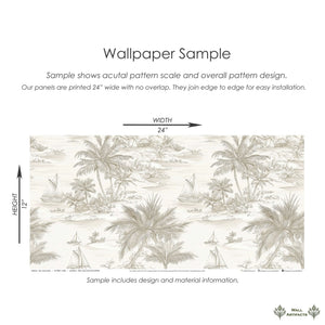 Sail and Sand Wallpaper sample featuring palm trees, sailboats, and beach huts in neutral tones, 24x12 inches, available at Wall Artifacts.
