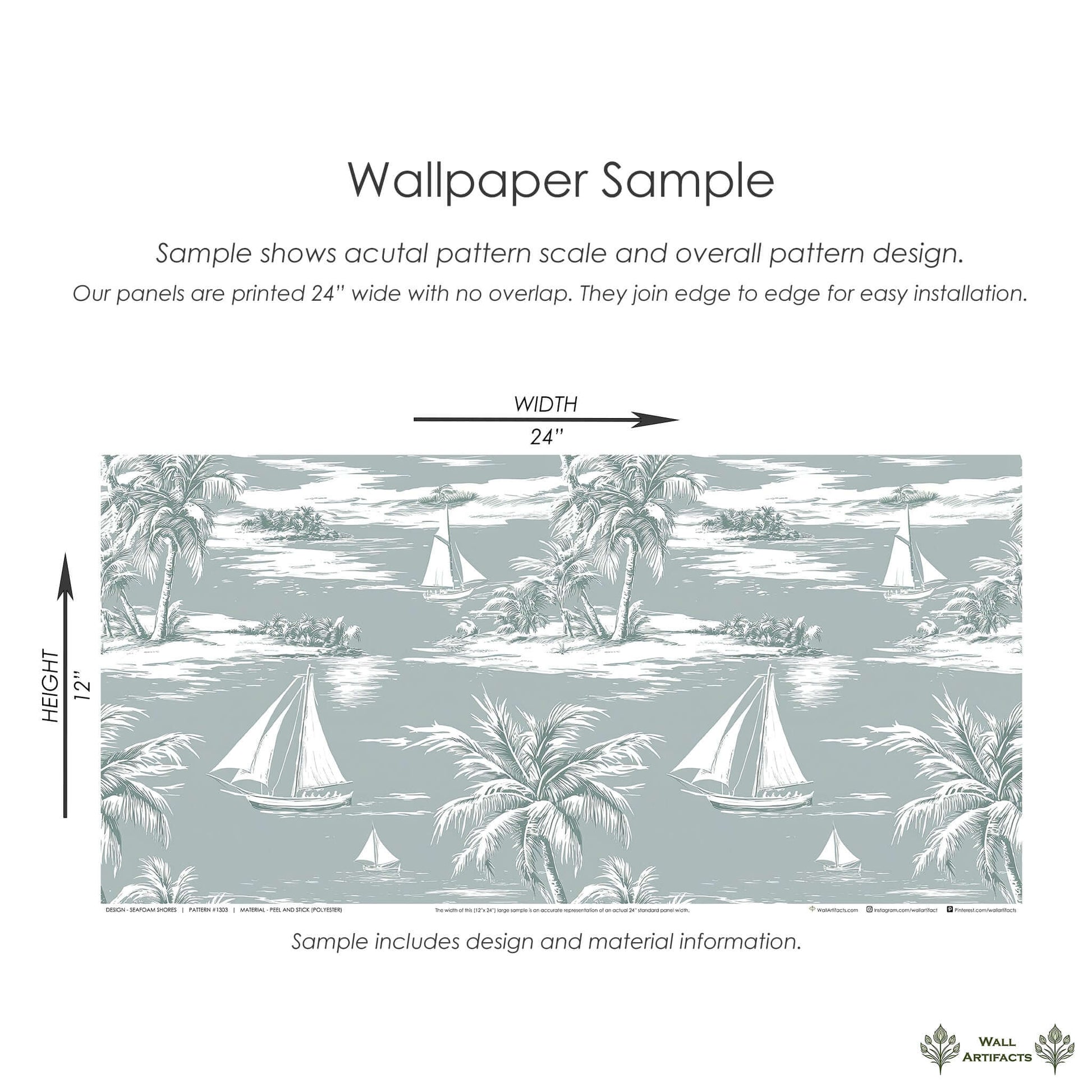 Seafoam Shores wallpaper featuring sailboats, palm trees on ocean background, perfect for coastal and nautical-themed decor.
