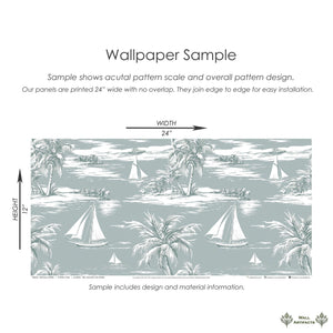 Seafoam Shores wallpaper featuring sailboats, palm trees on ocean background, perfect for coastal and nautical-themed decor.