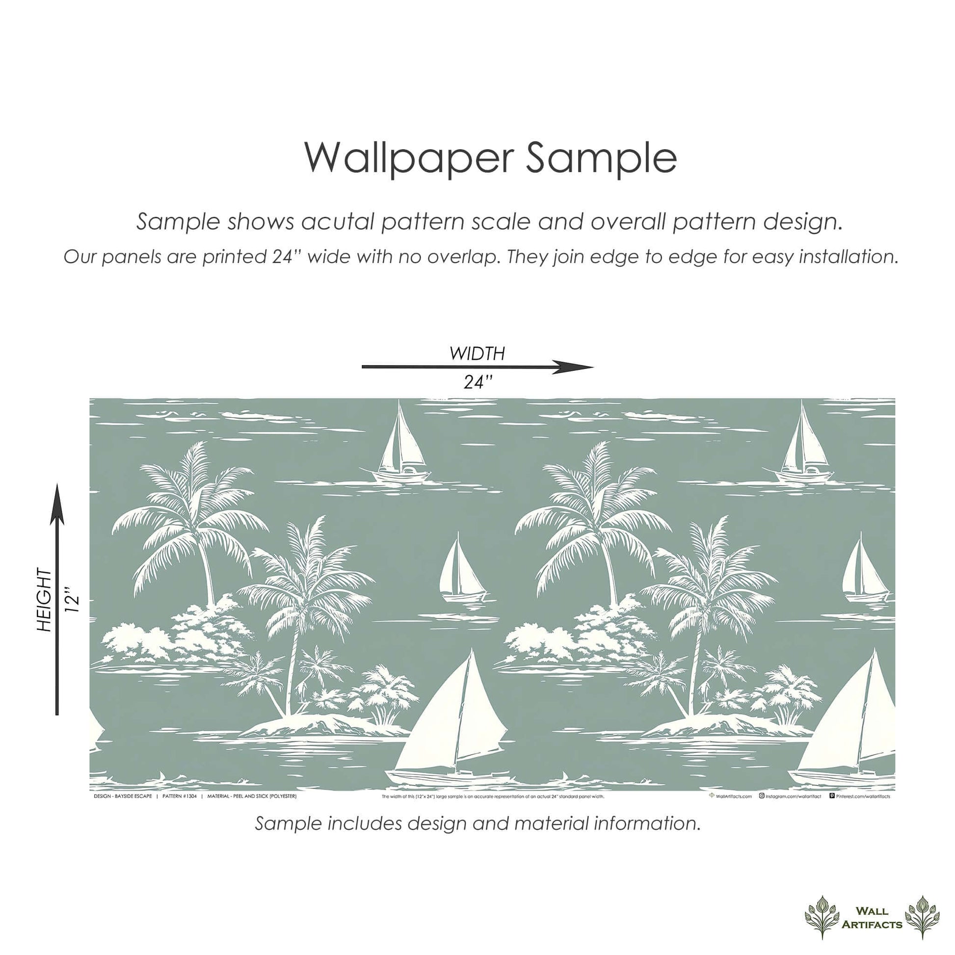 Coastal wallpaper sample with sailboats, palm trees, ocean scene in seafoam green and white from Wall Artifacts, featuring boating and harbors.