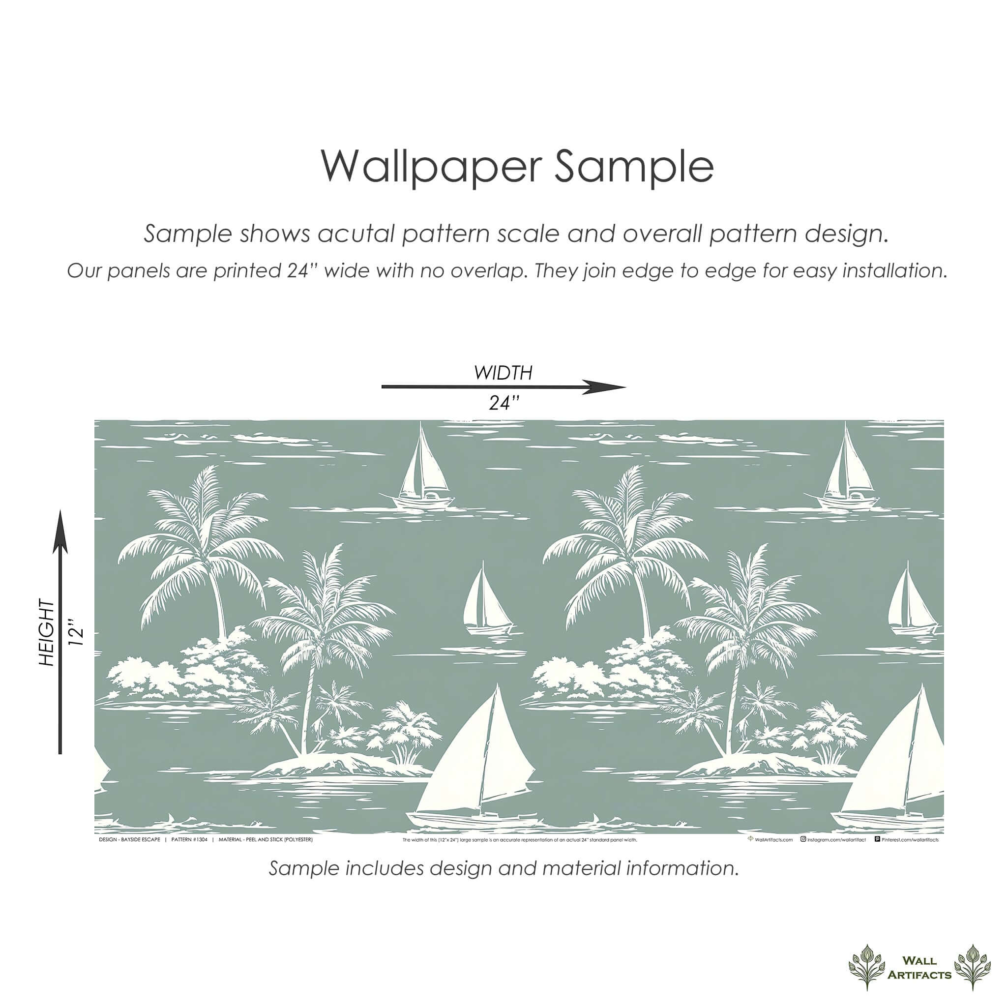 Coastal wallpaper sample with sailboats, palm trees, ocean scene in seafoam green and white from Wall Artifacts, featuring boating and harbors.