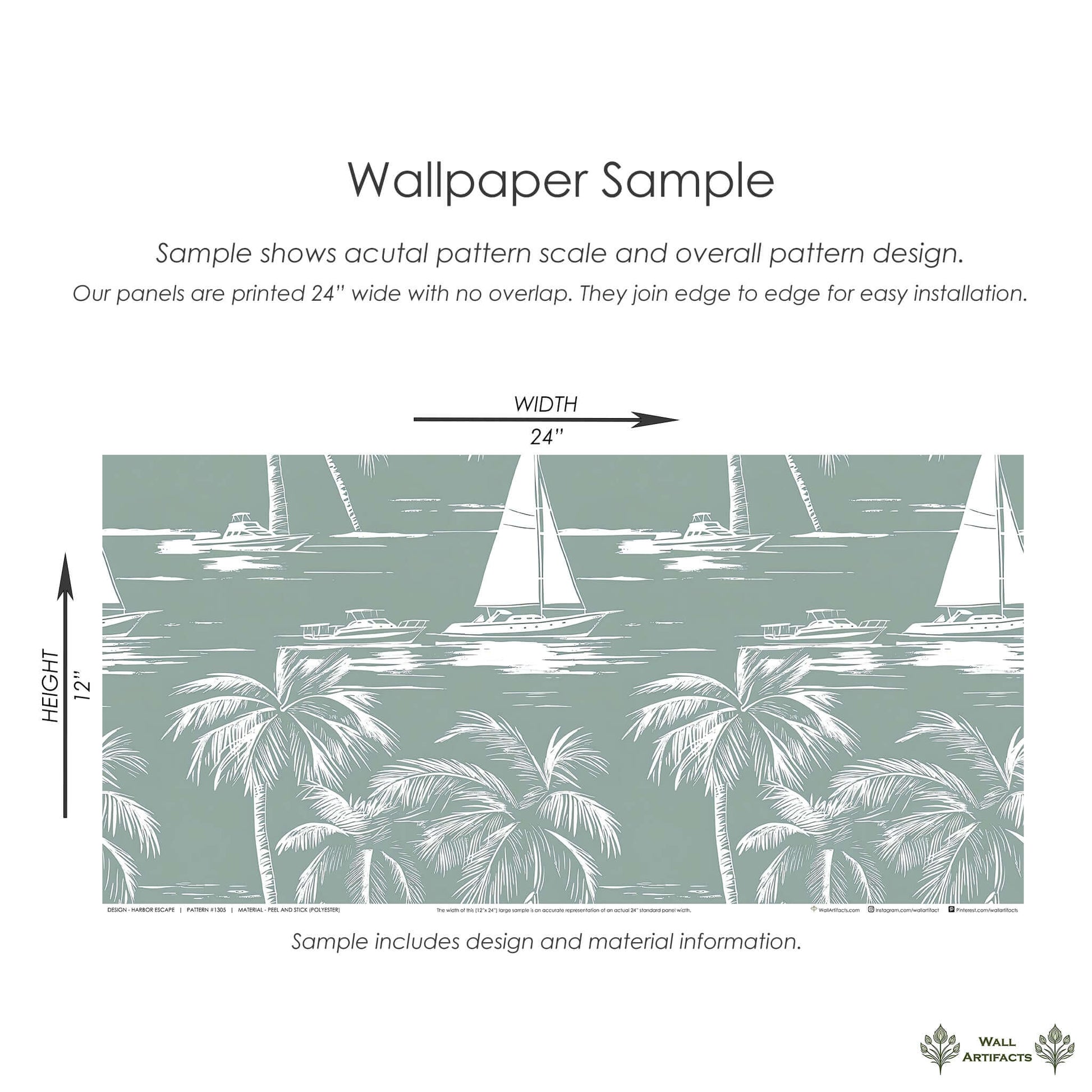 Seafoam green 'Harbor Escape' wallpaper with boats, palm trees; perfect coastal theme. Sample shows pattern scale.