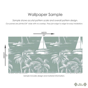 Seafoam green 'Harbor Escape' wallpaper with boats, palm trees; perfect coastal theme. Sample shows pattern scale.
