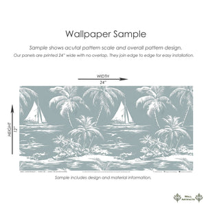 Lagoon Tranquility coastal wallpaper with boats, palm trees, and ocean scene for serene beach-inspired home decor by Wall Artifacts.