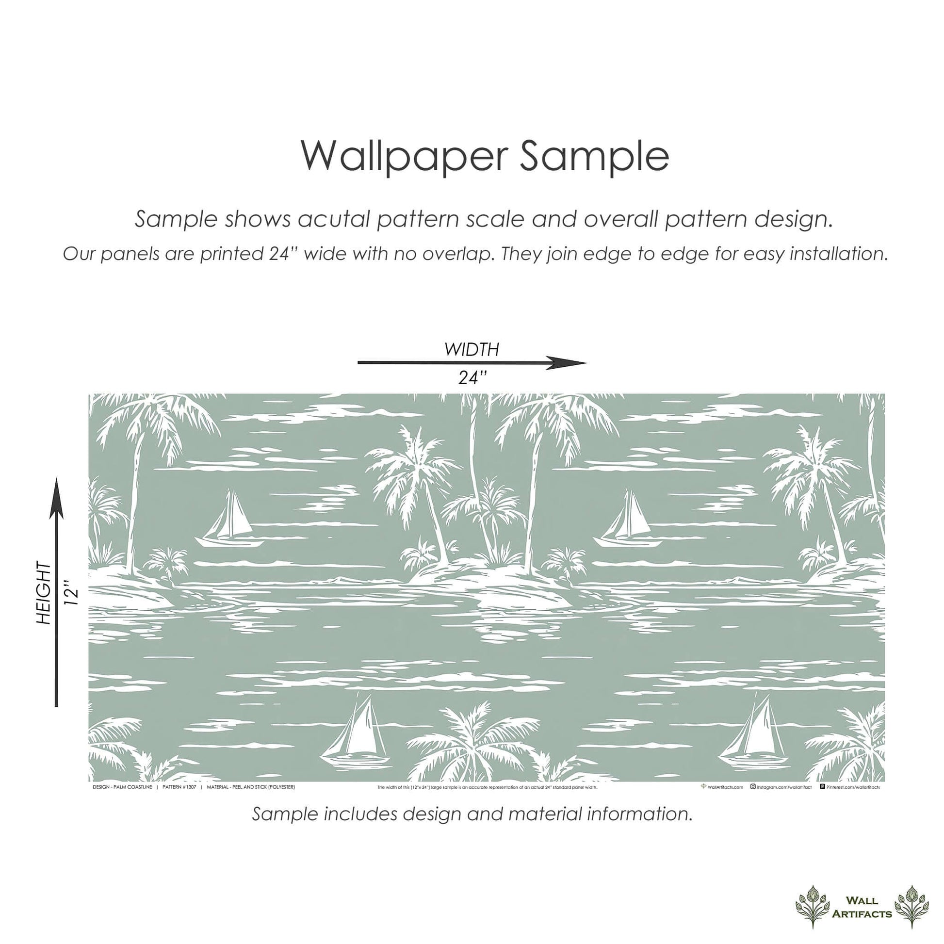Palm Coastline wallpaper in sage green with sailboats, palm trees, and coastal scene by Wall Artifacts, perfect for coastal spaces.